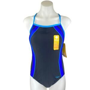 NEW Speedo Ignite Splice Women's Black Blue Sleeveless One Piece Swimsuit Sz 10